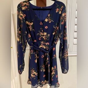 Lulu's Navy Floral Long-Sleeve Wrap-Style Dress